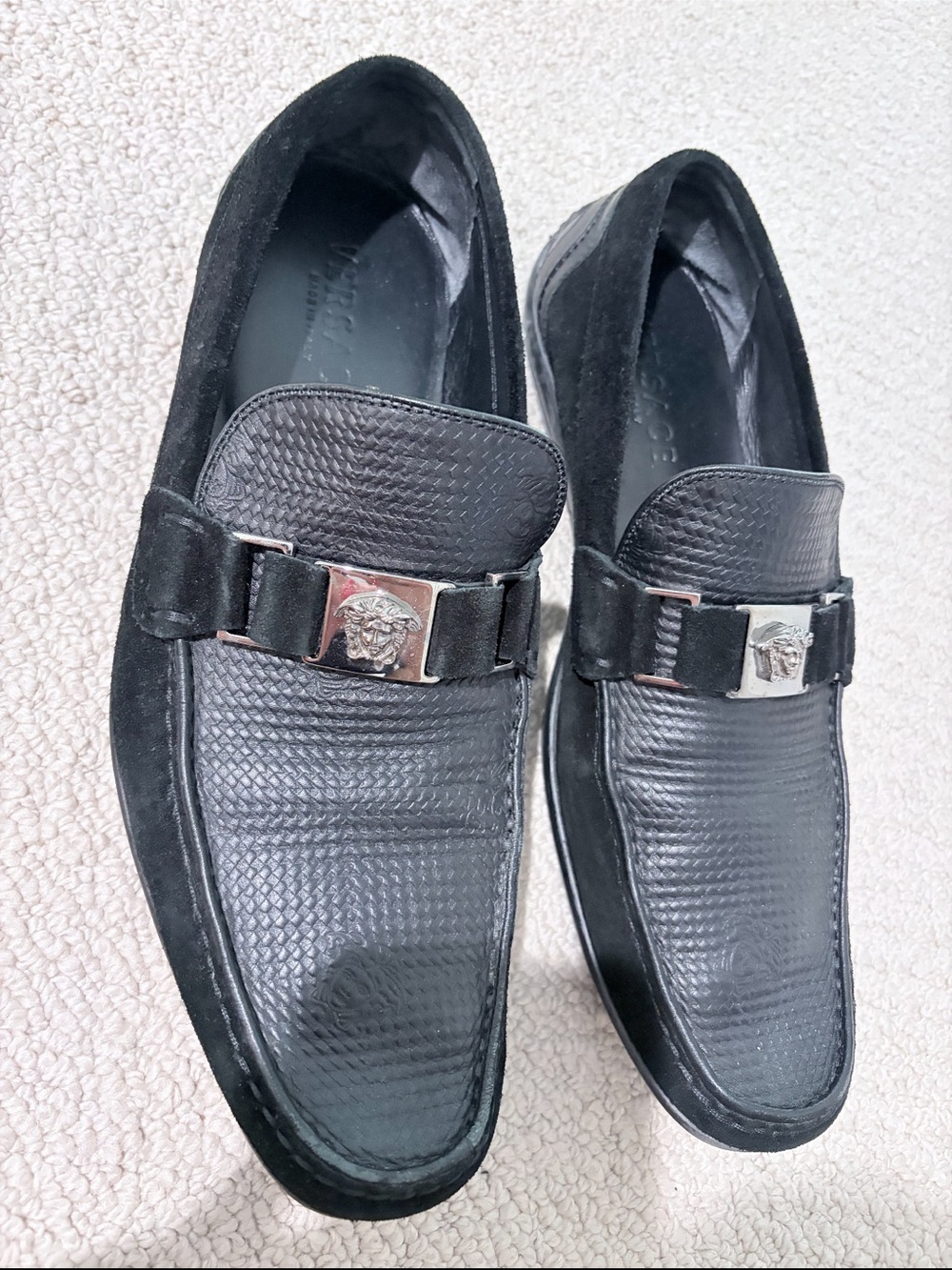 Versace Black Leather & Suede Medusa Bit Loafers